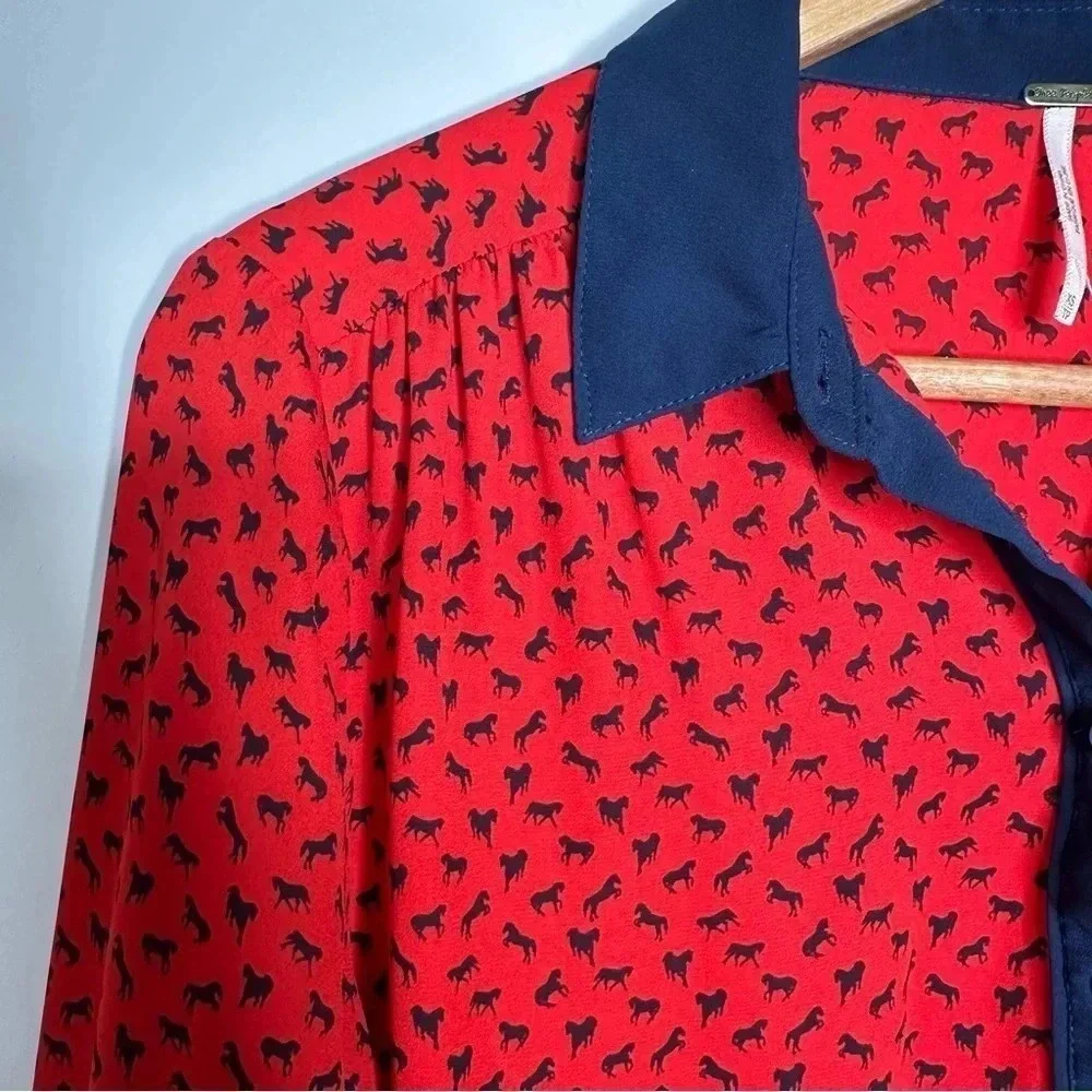 Free People Red Horse Print Blouse Size XS